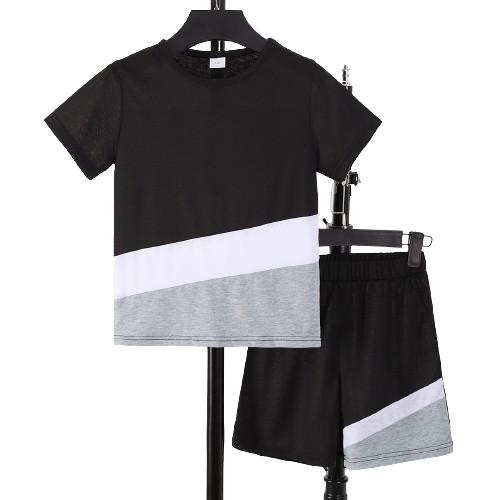 7-15Y Ready Stock Big Boys Summer Clothes Three-color Splicing Short Casual Tee Elastic Shorts 2-Pieces Outfit Sets Black Catpapa 462401034/462401035