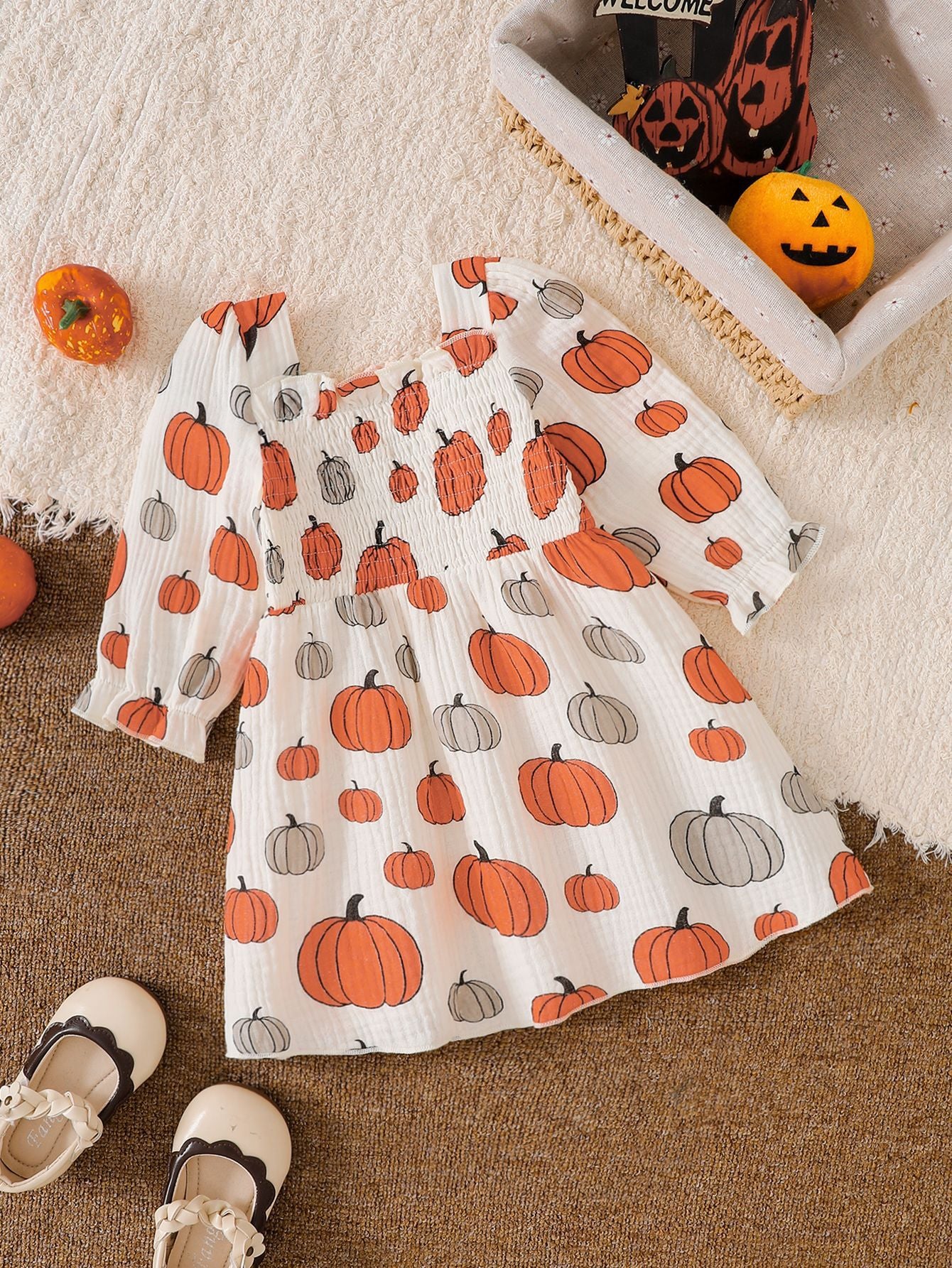 Wholesale 6M-4T Girls Square Neck Halloween Print Smocked Long Sleeve Dress, Soft Crinkle Woven Toddler A-Line Casual Dress
