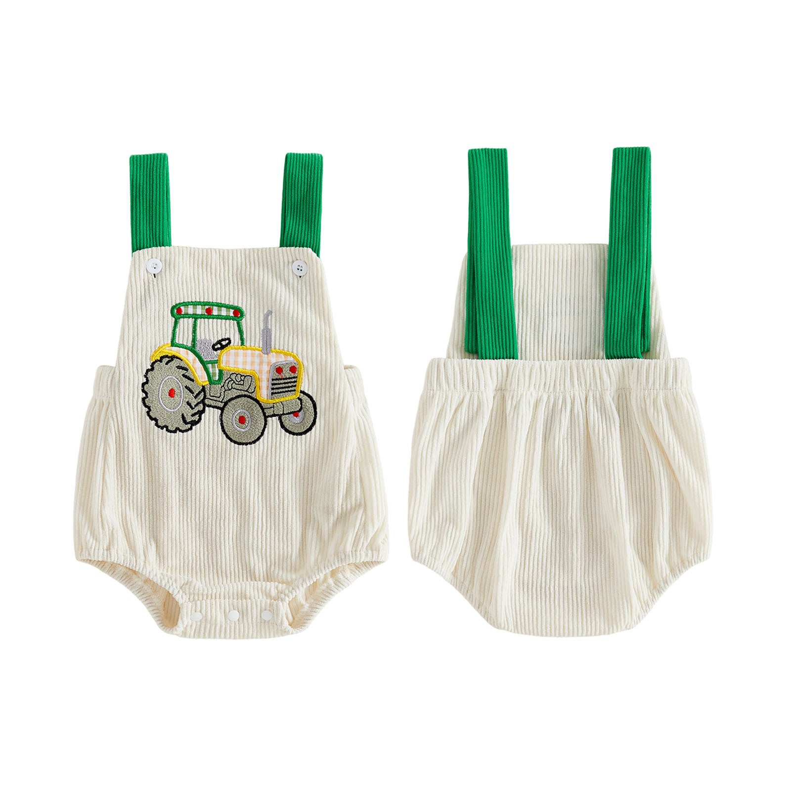 Wholesale 0-18M Baby Boys Tractor Embroidery Suspender Bubble Romper, Soft Vertical Rib Knit Sleeveless Overalls Bodysuit