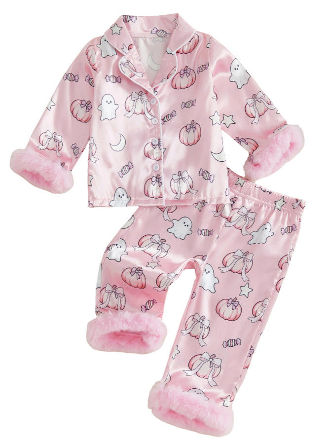 Wholesale 6M-4T Girls 2Pcs Halloween Ghost Pumpkin Satin Pajama Set, Soft Silky Fluff Cuff Lapel Button Down Loungewear Outfit