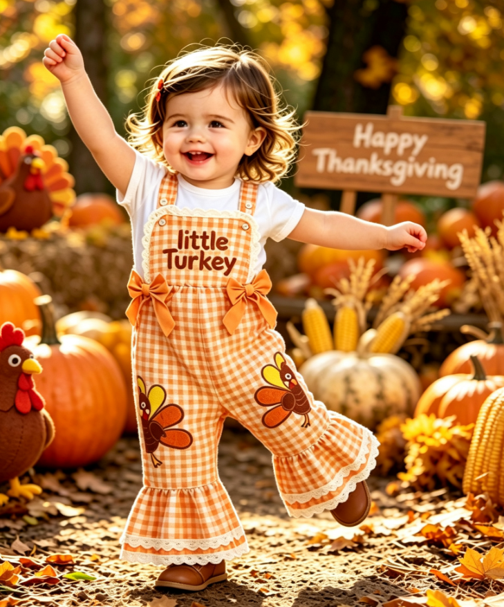 Wholesale 12M-5Y Girls Gingham Turkey Embroidery Overalls, Soft Woven Thanksgiving Bow Flare Leg Suspender Pants
