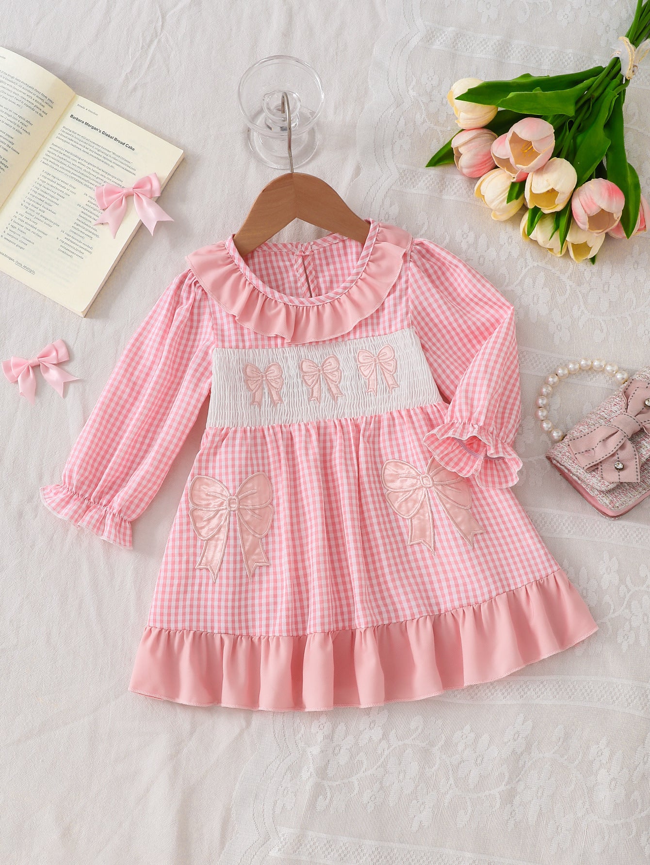 Wholesale 6M-5Y Girls Ruffle Collar Gingham Bow Applique Woven Dress, Kids Soft Long Sleeve Sweet Plaid Casual Dress
