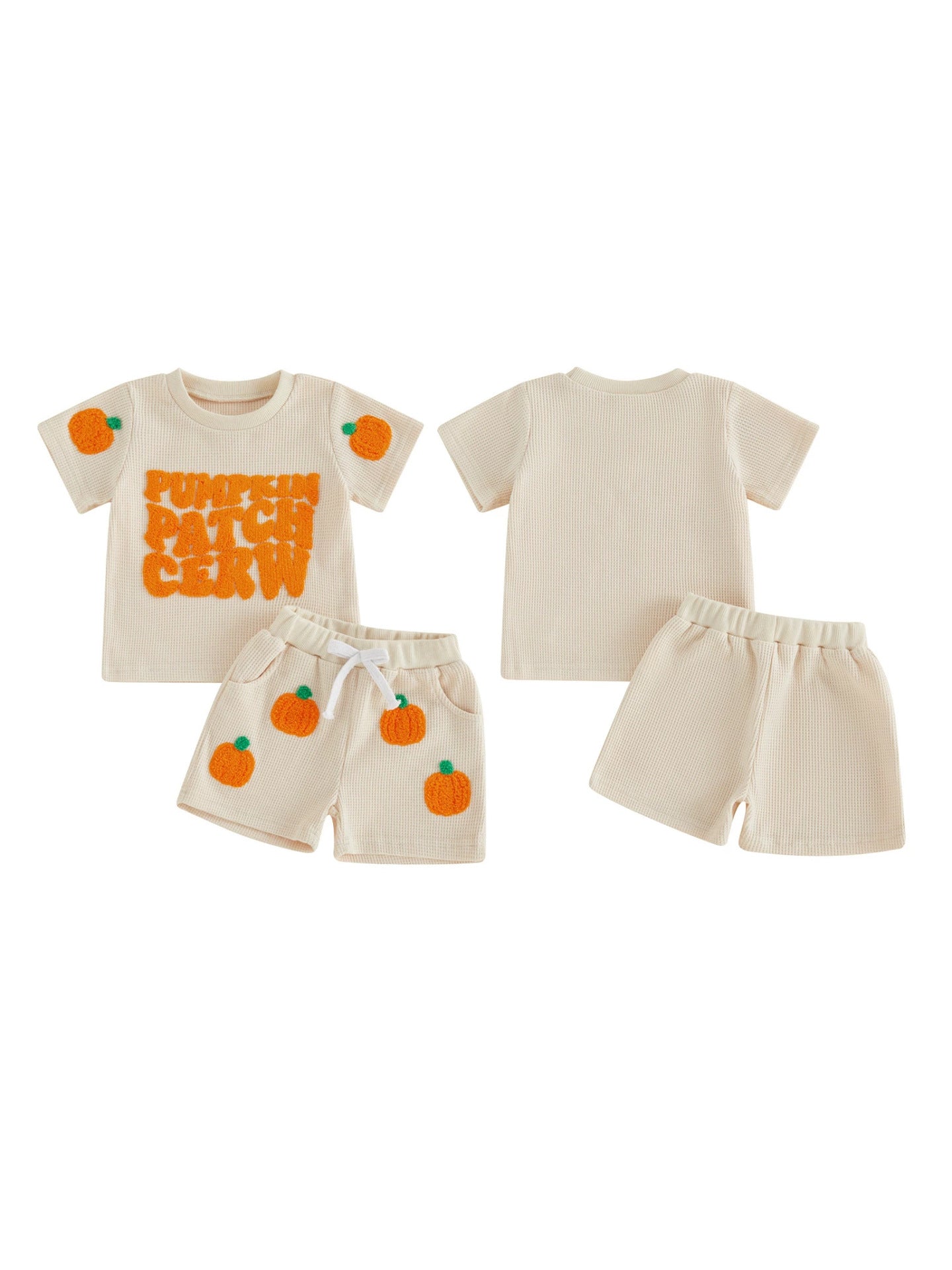 Wholesale 6M-4T Boys 2Pcs Waffle Knit Halloween Towel Embroidery Outfit Set, Kids Soft Thermal Halloween Short Sleeve Top & Shorts Set