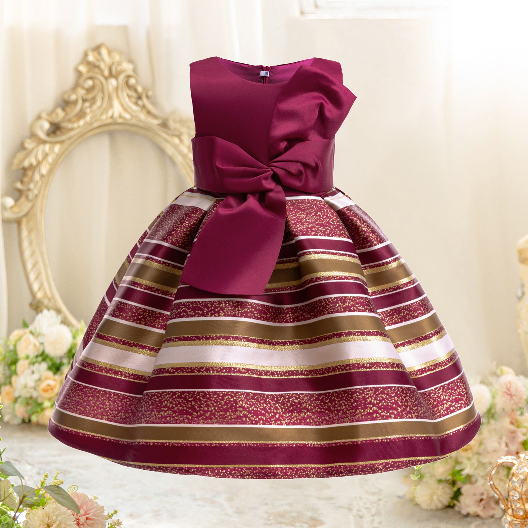 Wholesale 2-10Y Girls Sleeveless Big Bow Striped Jacquard Princess Dress, Kids Birthday Party Soft Woven Formal Gown
