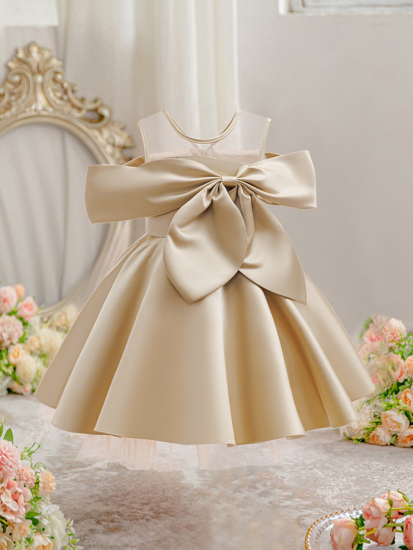Wholesale 2-10Y Girls Mesh Sleeveless Big Bow Satin Princess Dress, Kids Birthday Party Soft Satin Formal Gown
