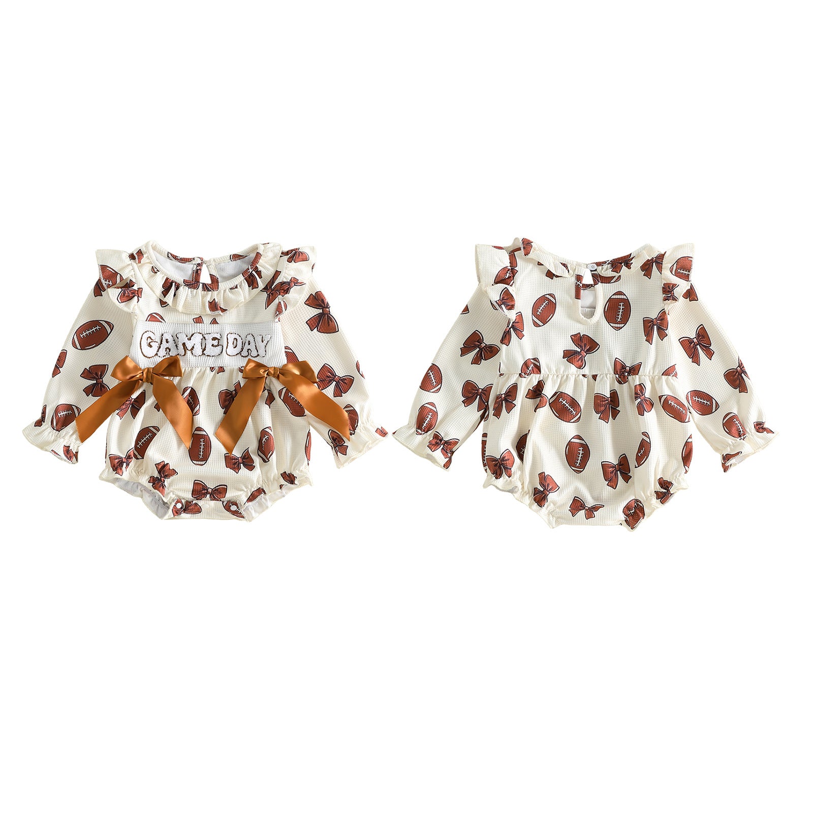 Wholesale 0-18M Baby Girls Ruffle Football Print Waffle Knit Bodysuit, Soft Game Day Long Sleeve Halloween Romper