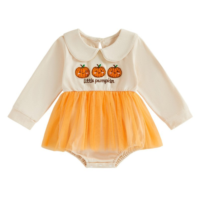 Wholesale 0-18M Baby Girls Halloween Peter Pan Collar Tulle Tutu Romper, Soft Cotton Knit Embroidery Long Sleeve Skirted Bodysuit