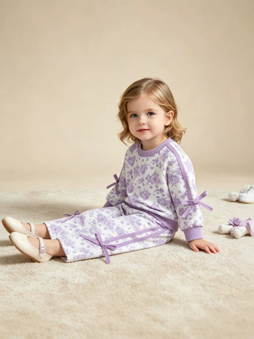 Wholesale 6M-4T Girls 2Pcs Floral Bow Stripe Sweatshirt Outfit Set, Soft Cotton Knit Raglan Sleeve Top & Straight Leg Pants