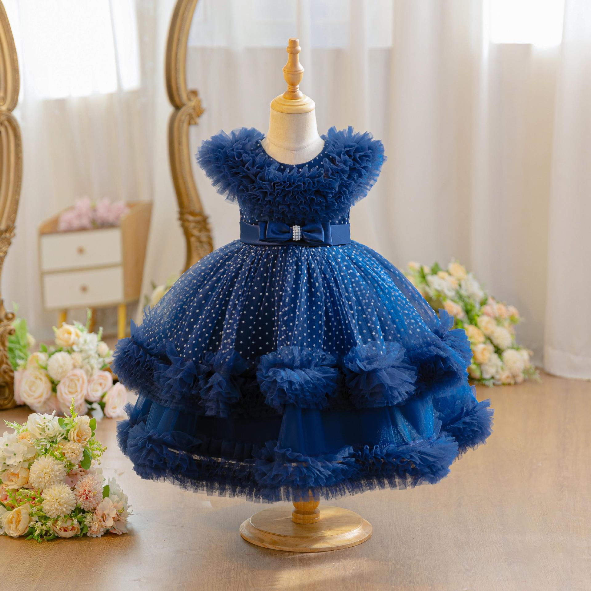 Wholesale 18M-7Y Girls Ruffle Tulle Polka Dot Princess Dress, Kids Birthday Party Rhinestone Bow Soft Mesh Formal Gown