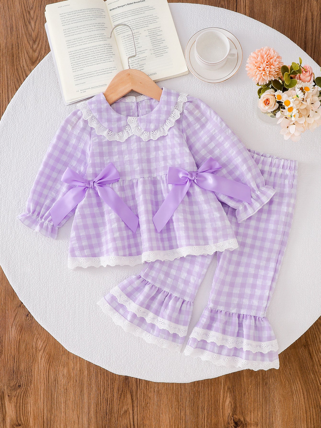 Wholesale 6M-4T Girls 2Pcs Gingham Lace Bow Long Sleeve Pajama Set, Kids Soft Woven Plaid Sweet Loungewear Outfit