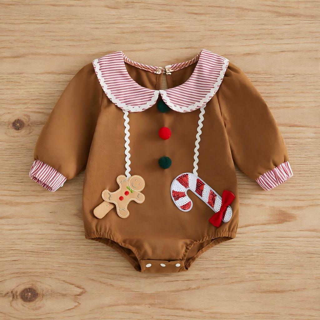 Wholesale 0-18M Baby Boys Striped Collar Gingerbread Candy Cane Applique Woven Bodysuit, Soft Christmas Long Sleeve Romper
