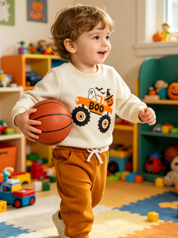 Wholesale 6M-4Y Boys 2Pcs Halloween Truck Print Sweatshirt Outfit Set, Kids Soft Cotton Knit Long Sleeve Top & Jogger Pants Set