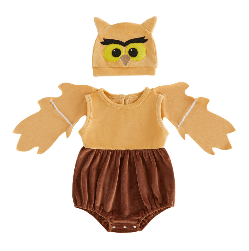 Wholesale 0-18M Baby Boys 2Pcs Owl Costume Velvet Bodysuit Set, Soft Plush Halloween Character Outfit With Matching Hat