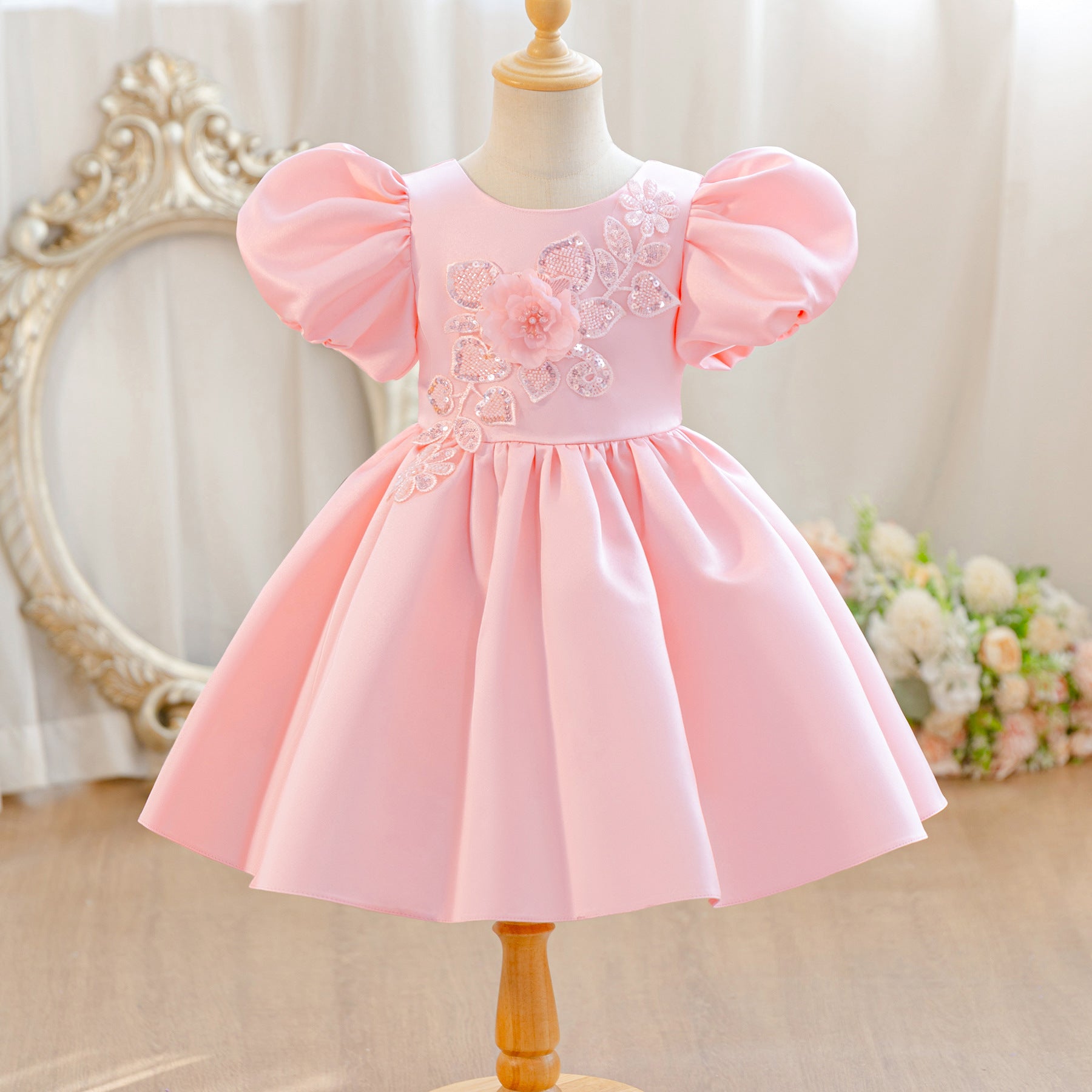 Wholesale 2-10Y Girls Puff Sleeve Rhinestone Floral Woven Princess Dress, Kids Birthday Party Soft Woven Formal Gown