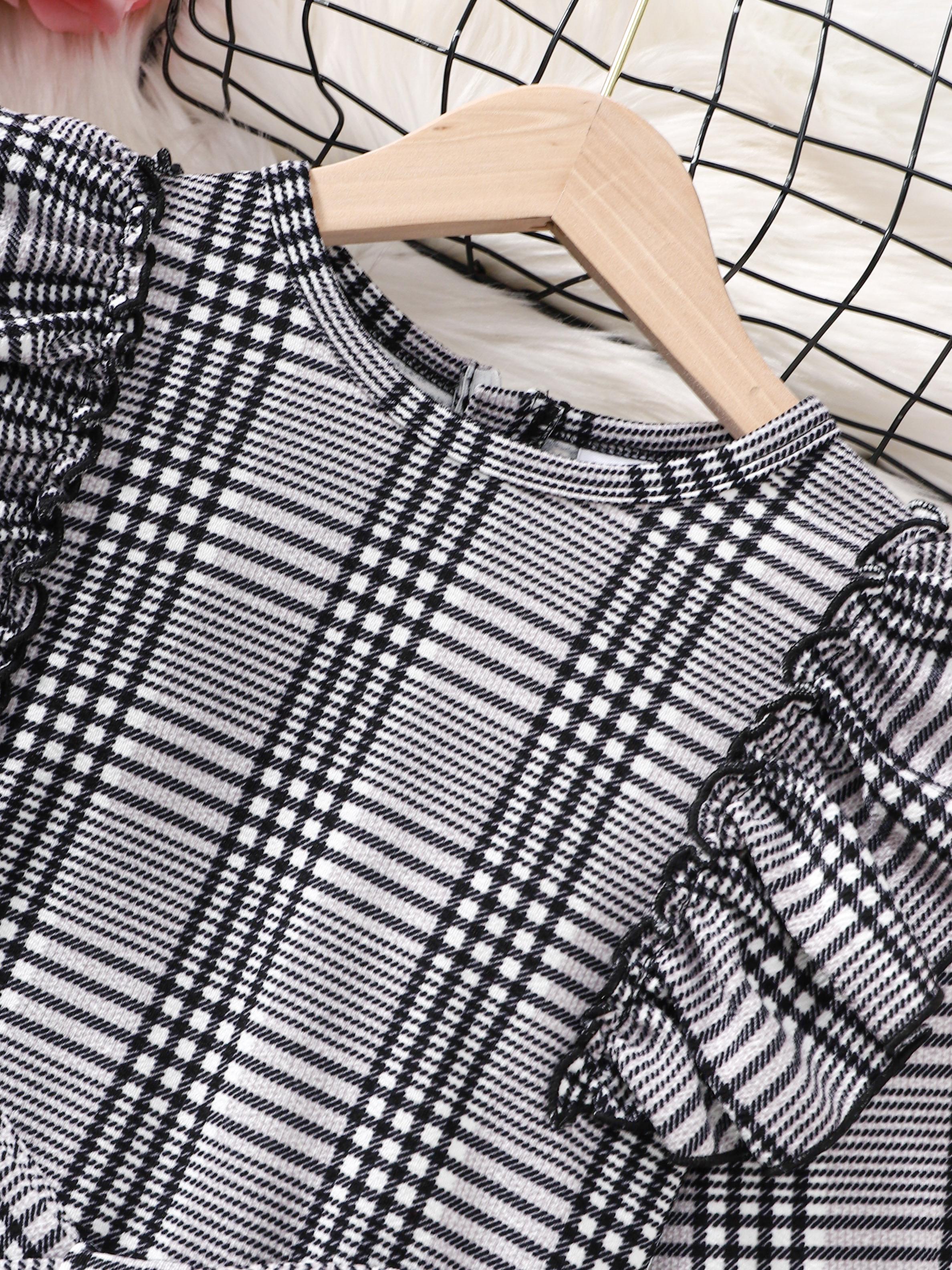 8-14Y Ready Stock Kid Girls Fall Winter Dress Plaid Print Splice Ruffle Tie Front Long Sleeve Dress One Piece Retro Dress Black Catpapa 462307022
