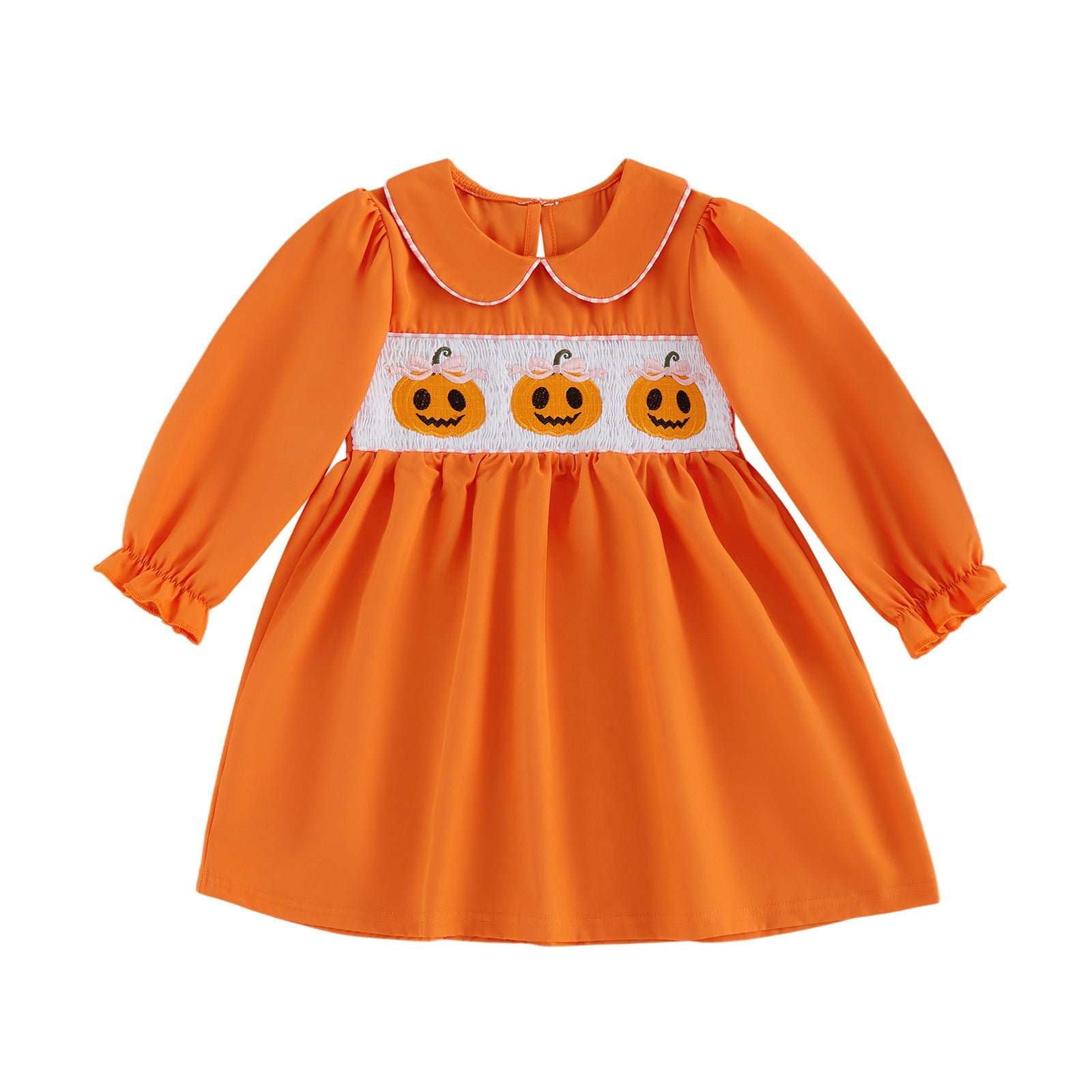 Wholesale 18M-6Y Girls Peter Pan Collar Halloween Smocked Embroidery Woven Dress, Kids Soft Long Sleeve Halloween Casual Dress