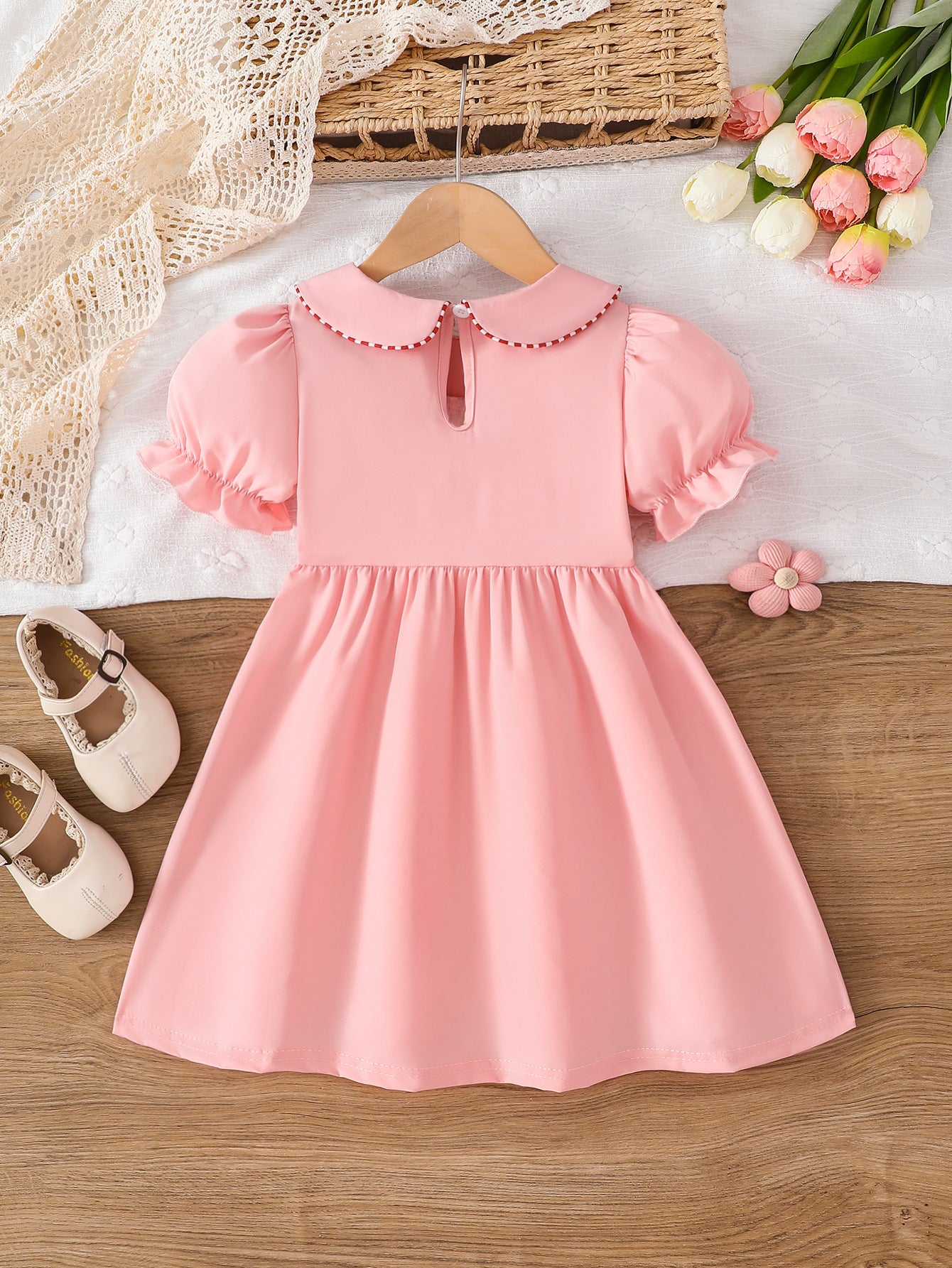 Wholesale 2-7Y Girls Peter Pan Collar ABC Apple Towel Embroidery Woven Dress, Kids Soft Waffle Smocked Back To School Casual Dress