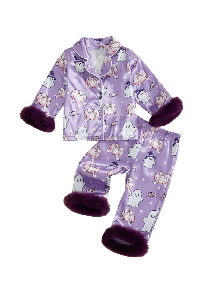 Wholesale 6M-4T Girls 2Pcs Halloween Ghost Pumpkin Satin Pajama Set, Soft Silky Fluff Cuff Lapel Button Down Loungewear Outfit