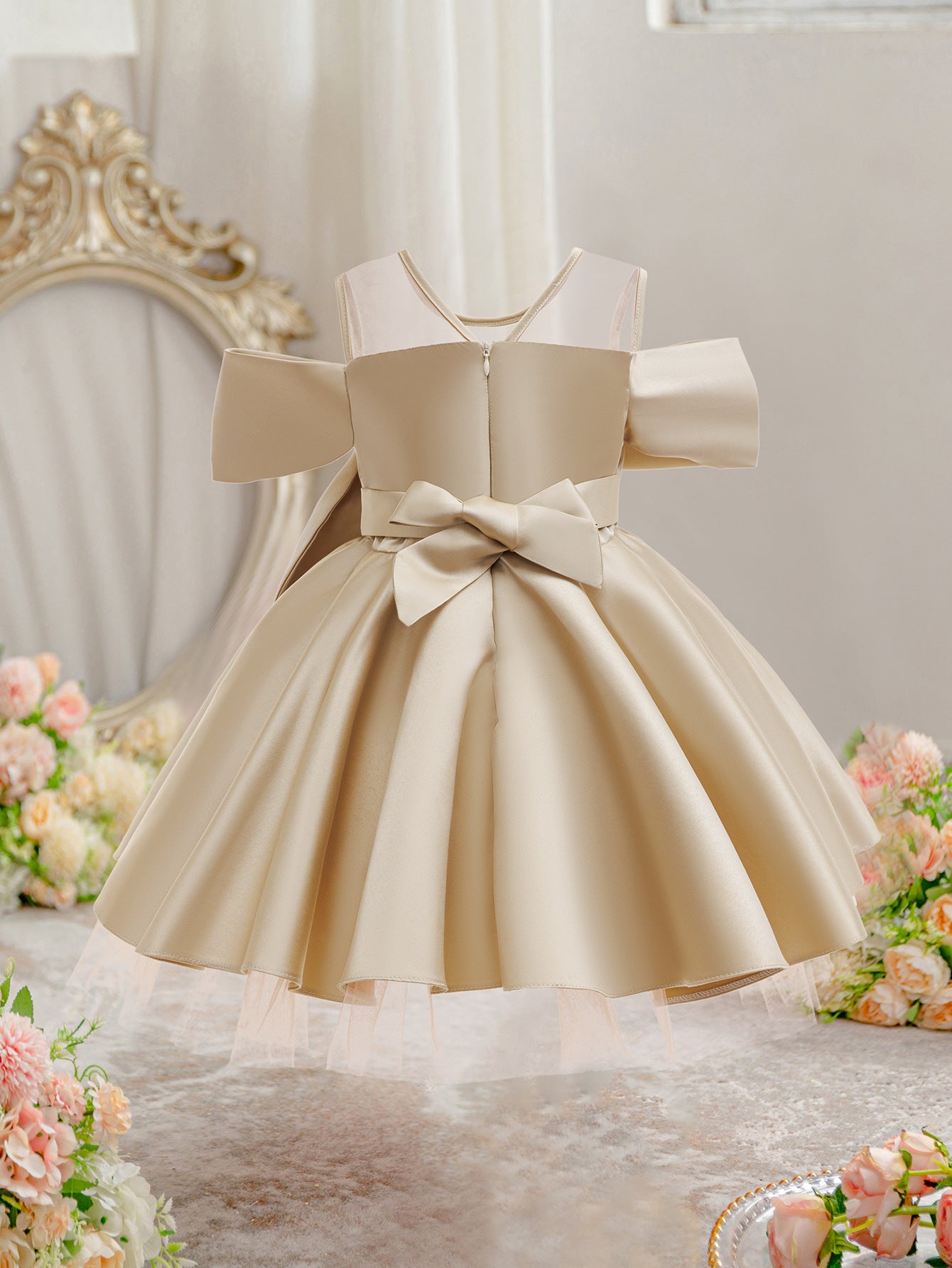 Wholesale 2-10Y Girls Mesh Sleeveless Big Bow Satin Princess Dress, Kids Birthday Party Soft Satin Formal Gown