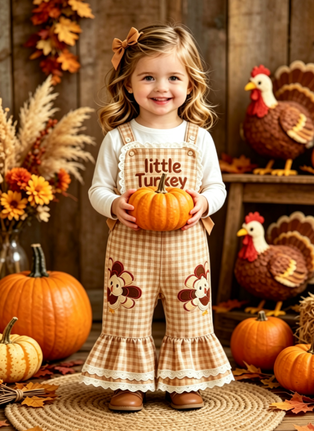 Wholesale 12M-5Y Girls Gingham Turkey Embroidery Overalls, Soft Woven Thanksgiving Bow Flare Leg Suspender Pants