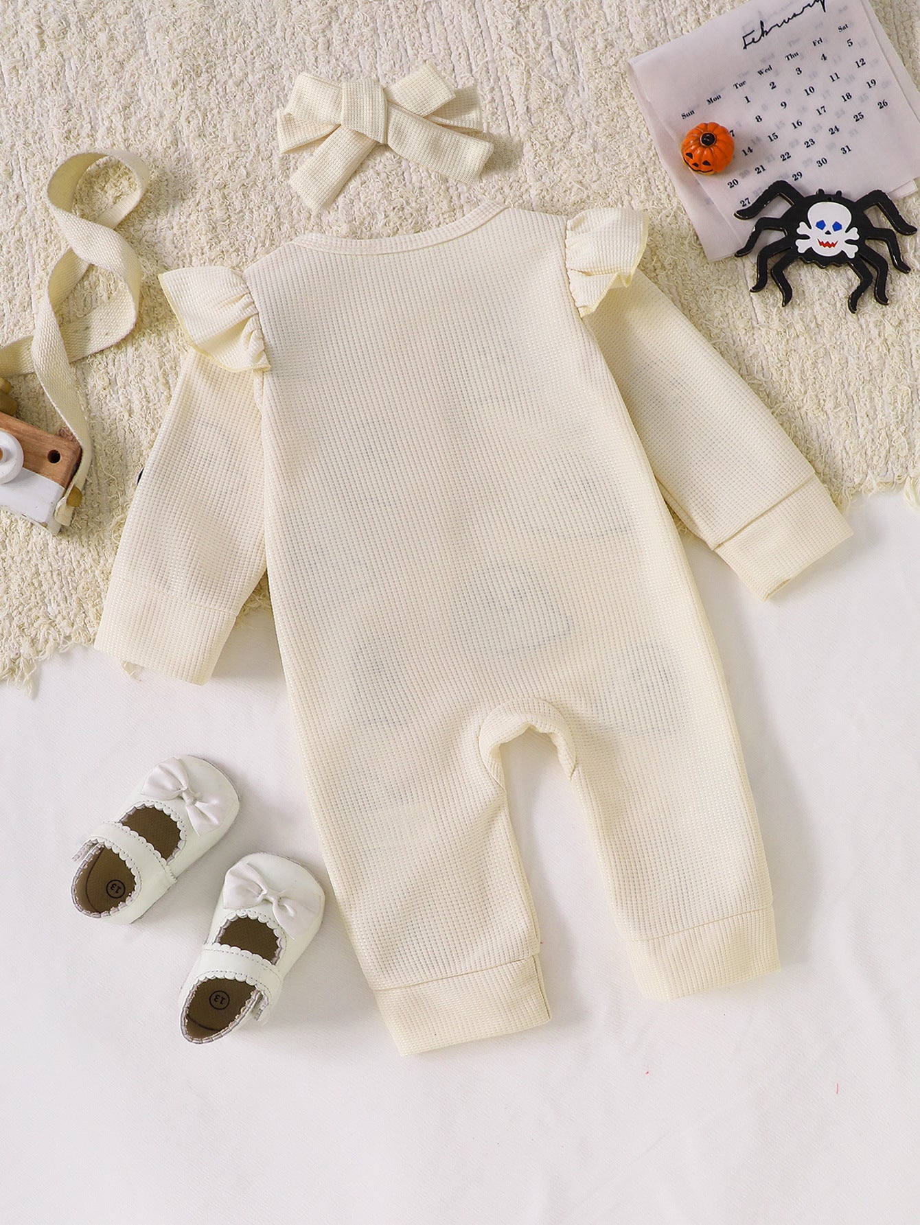 Wholesale 0-18M Baby Girls 2Pcs Ruffle Zipper Halloween Towel Embroidery Jumpsuit Set, Soft Waffle Knit Pumpkin Ghost Romper With Bow Headband