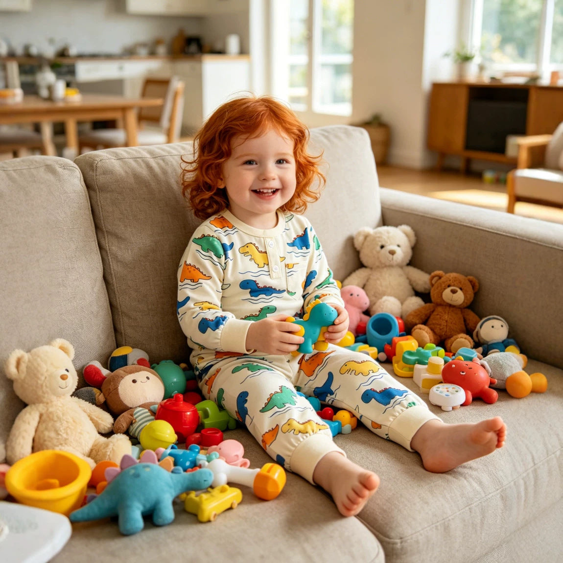 Wholesale 6M-4T Kids 2Pcs Cartoon Print Long Sleeve Pajama Set, Soft Cotton Knit Casual Toddler Top & Jogger Pants Loungewear