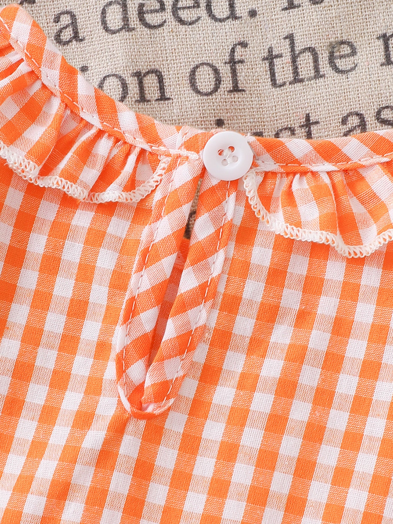 Wholesale 0-18M Baby Girls Ruffle Collar Orange Gingham Pumpkin Embroidery Bodysuit, Soft Woven Halloween Short Sleeve Romper
