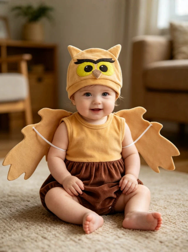 Wholesale 0-18M Baby Boys 2Pcs Owl Costume Velvet Bodysuit Set, Soft Plush Halloween Character Outfit With Matching Hat