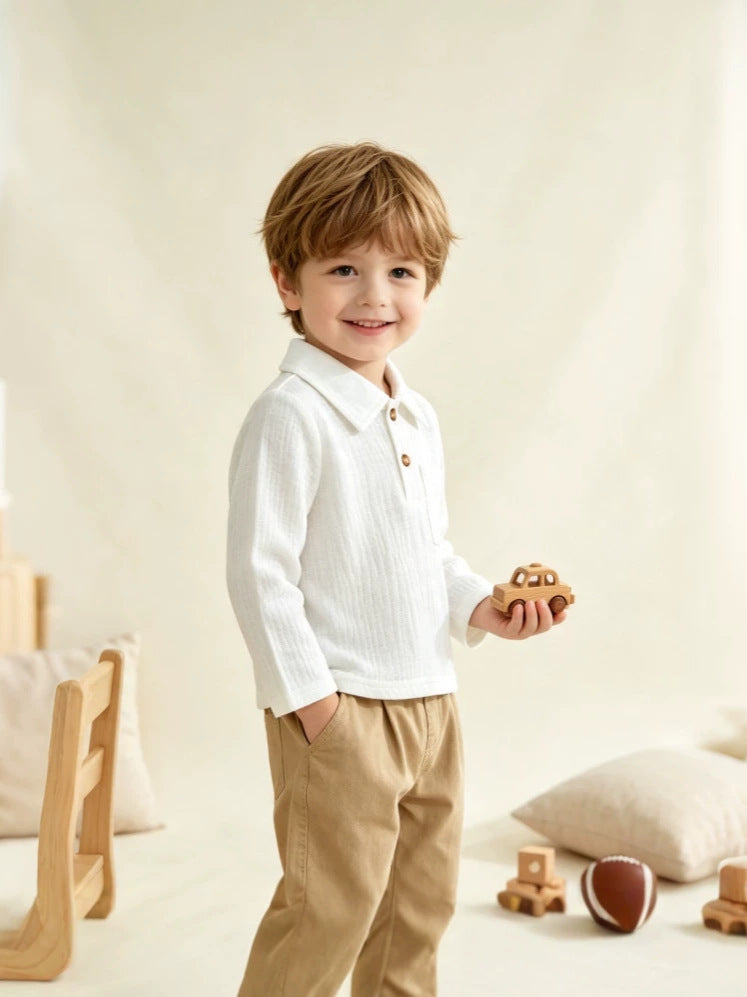 Wholesale 6M-3T Baby Boys Collared Long Sleeve Polo Shirt, Soft Crinkle Gauze Casual Pocket Kids Top