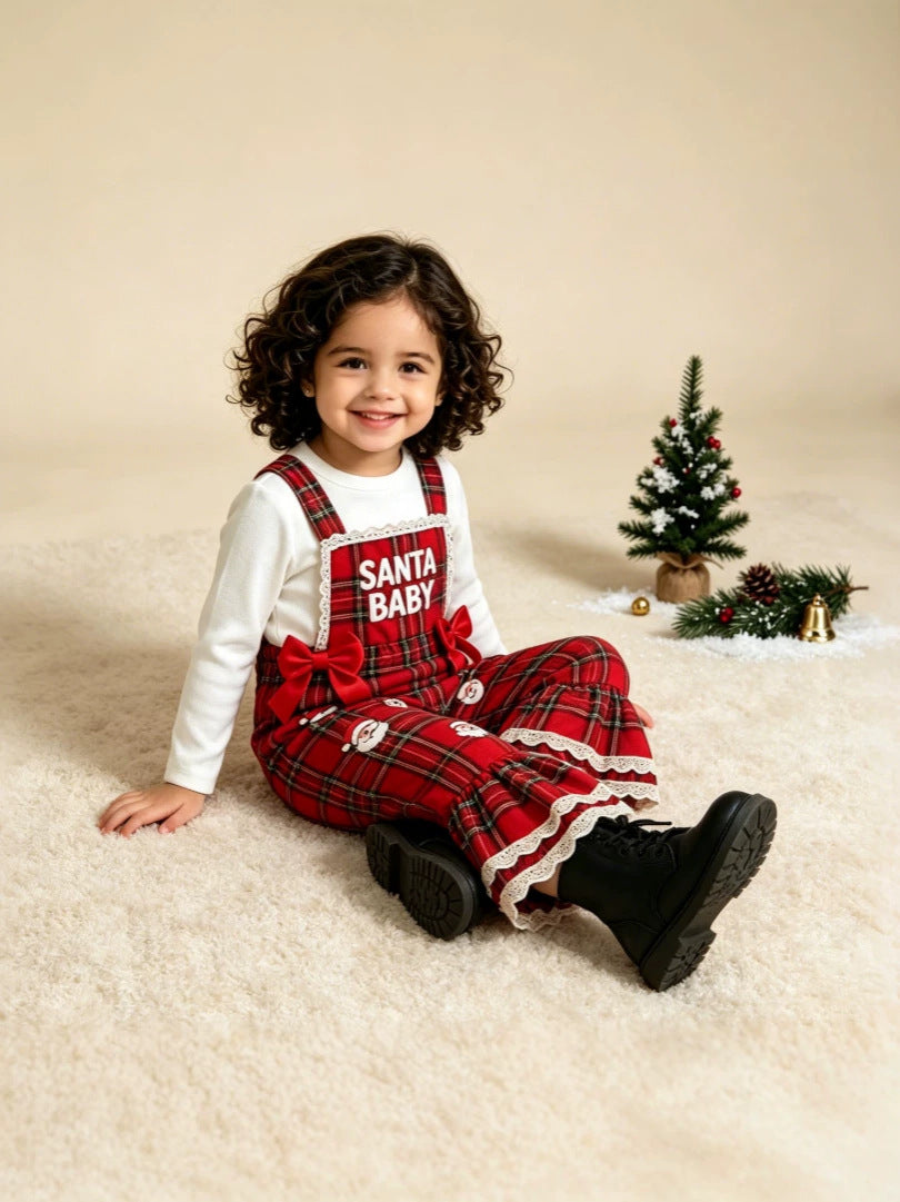 Wholesale 12M-5Y Girls Christmas Plaid Suspender Overalls, Soft Woven Candy Cane Santa Patch Flare Leg Bow Jumpsuit