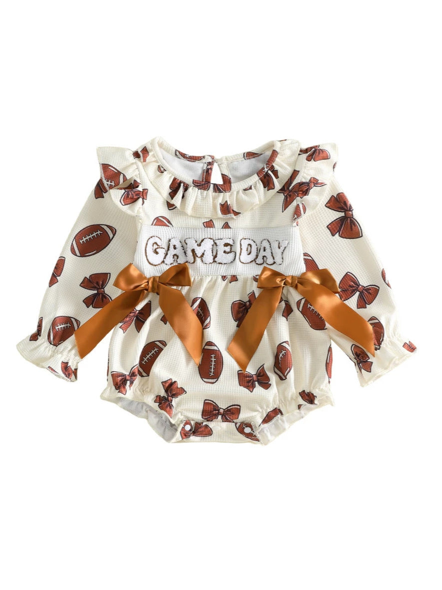 Wholesale 0-18M Baby Girls Ruffle Football Print Waffle Knit Bodysuit, Soft Game Day Long Sleeve Halloween Romper