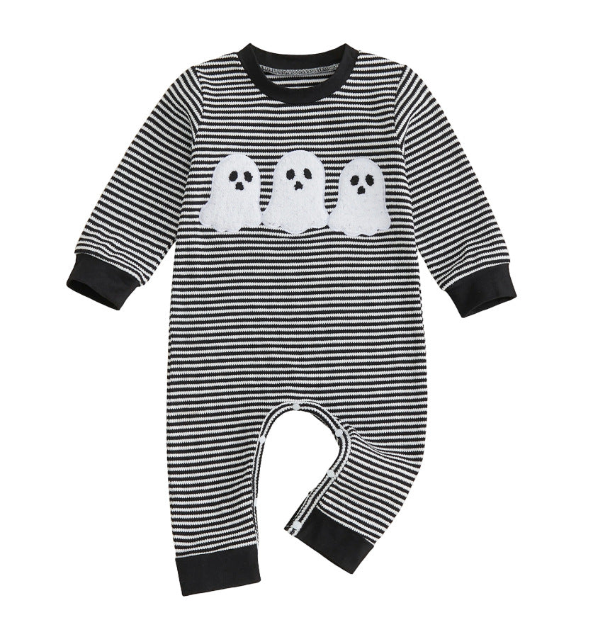 Wholesale 6M-4T Boys Striped Half Zip Polo Sweatshirt, Soft Knit Halloween Ghost Pumpkin Towel Embroidery Long Sleeve Top