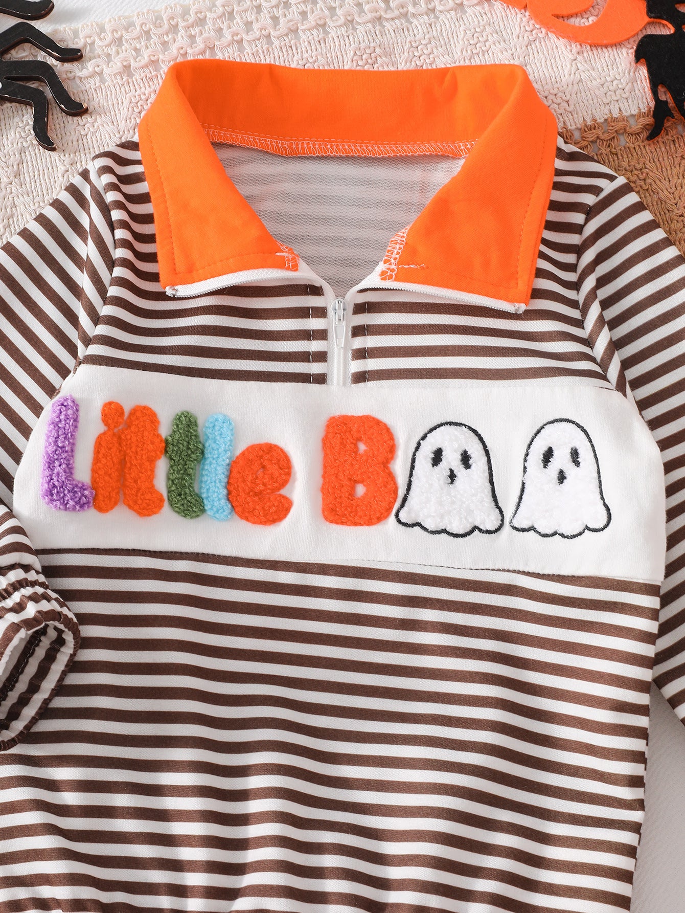 Wholesale 6M-4T Boys Striped Half Zip Polo Sweatshirt, Soft Knit Halloween Ghost Pumpkin Towel Embroidery Long Sleeve Top