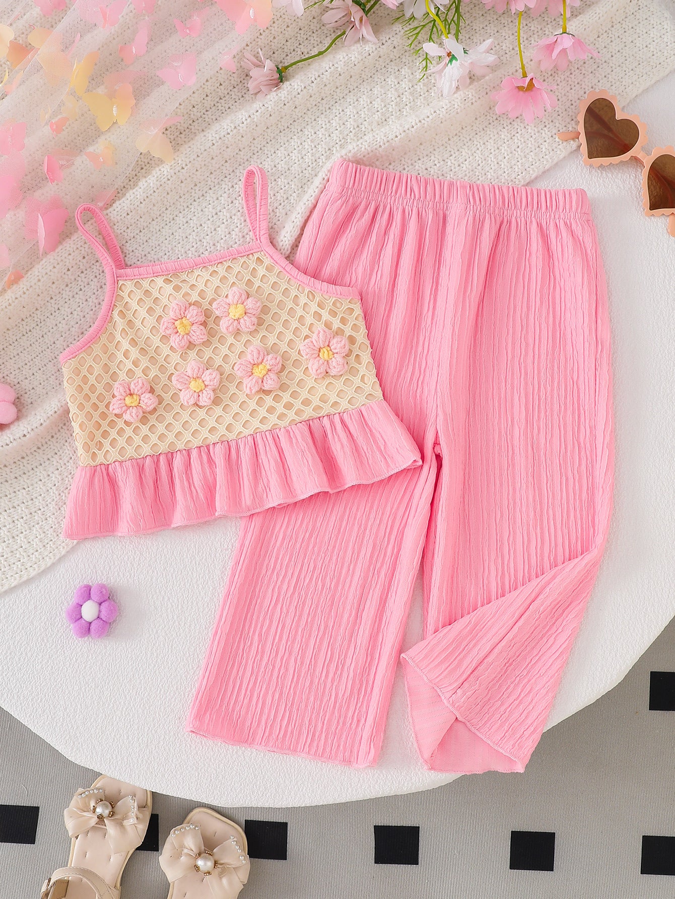Wholesale 6M-4T Girls 2Pcs 3D Flower Mesh Cami Top Wide Leg Pants Outfit Set, Kids Soft Crinkle Fabric Summer Casual Two Piece Set