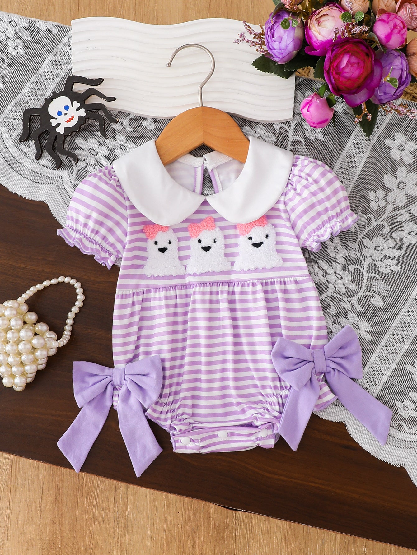 Wholesale 0-18M Baby Girls Peter Pan Collar Striped Ghost Towel Embroidery Bodysuit, Soft Knit Halloween Short Sleeve Romper