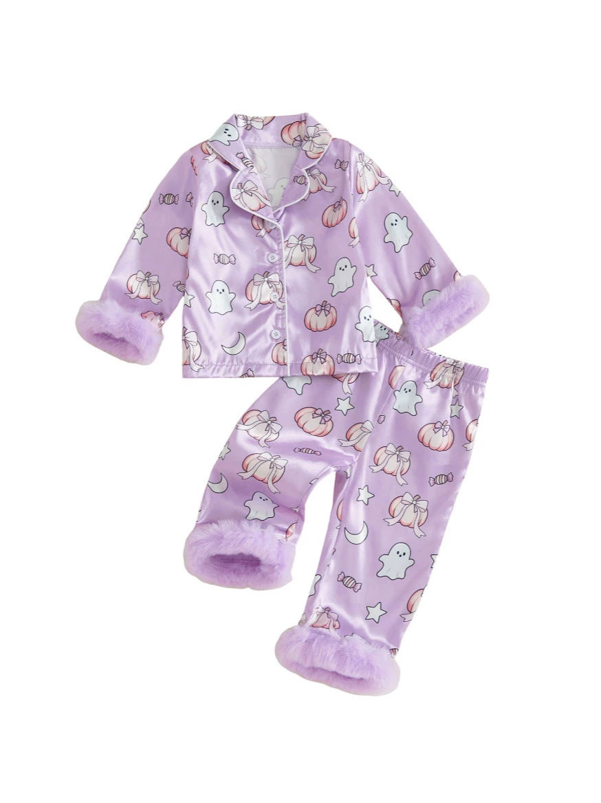 Wholesale 6M-4T Girls 2Pcs Halloween Ghost Pumpkin Satin Pajama Set, Soft Silky Fluff Cuff Lapel Button Down Loungewear Outfit