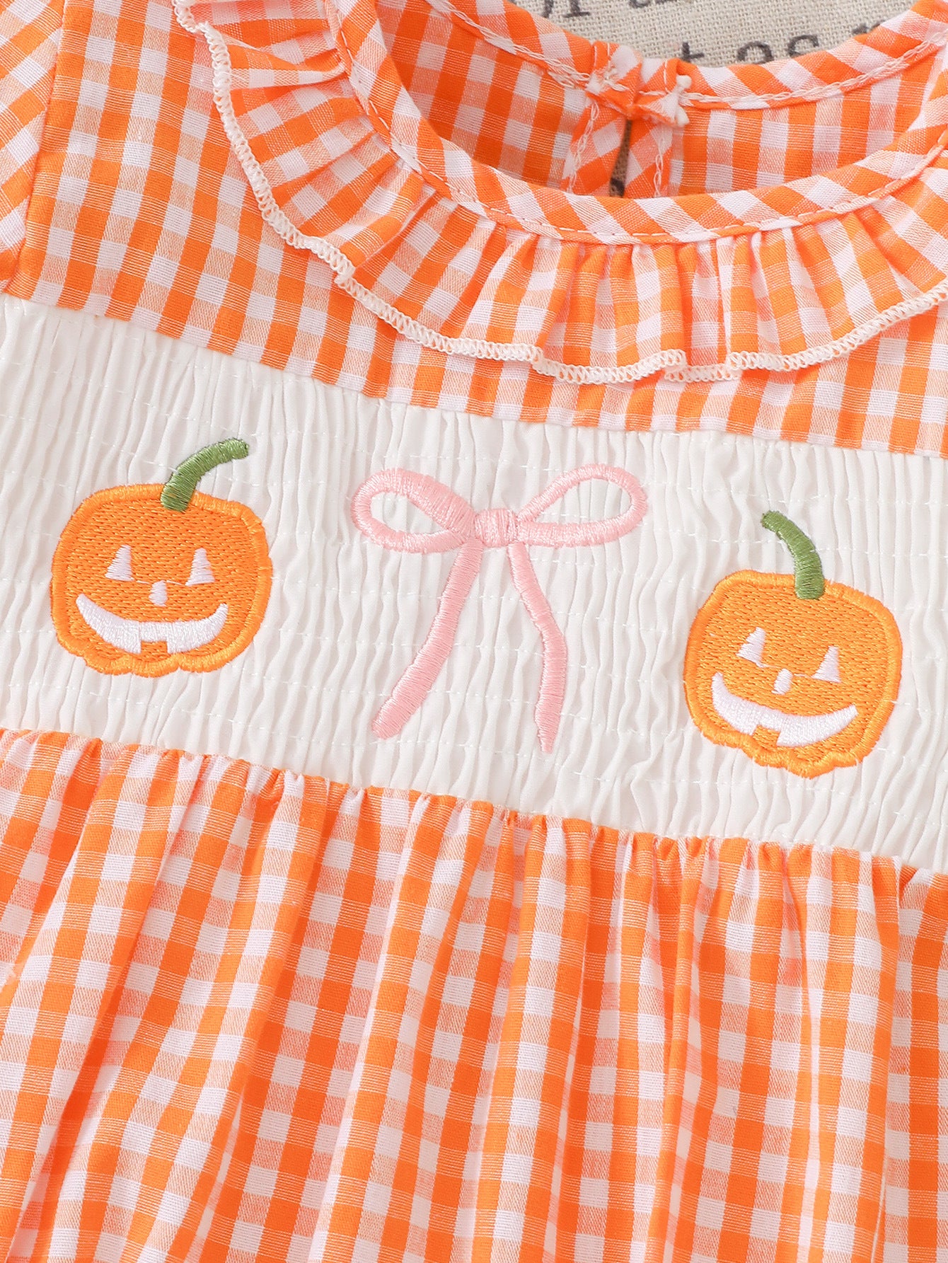 Wholesale 0-18M Baby Girls Ruffle Collar Orange Gingham Pumpkin Embroidery Bodysuit, Soft Woven Halloween Short Sleeve Romper