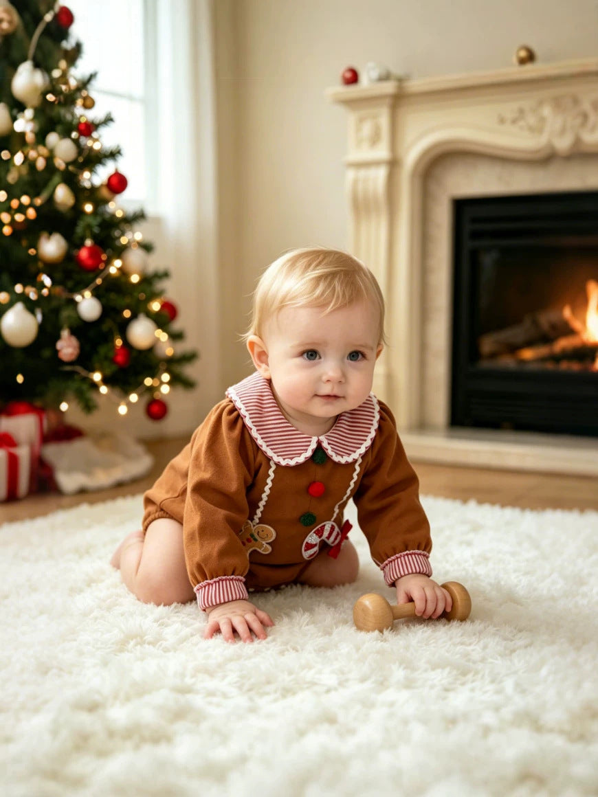 Wholesale 0-18M Baby Boys Striped Collar Gingerbread Candy Cane Applique Woven Bodysuit, Soft Christmas Long Sleeve Romper