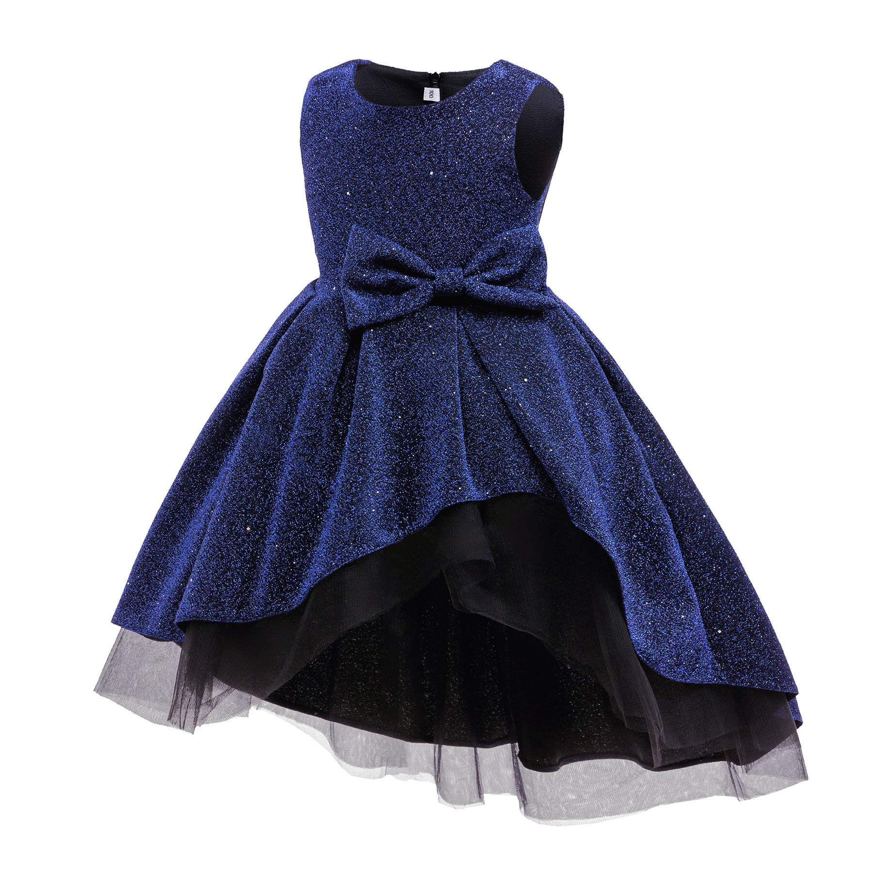 Wholesale 2-10Y Girls Sleeveless Glitter Fabric Bow Asymmetrical High Low Tulle Princess Dress, Kids Birthday Party Soft Sparkly Formal Gown