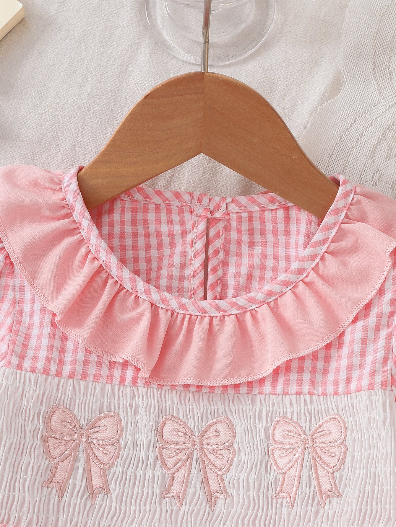 Wholesale 6M-5Y Girls Ruffle Collar Gingham Bow Applique Woven Dress, Kids Soft Long Sleeve Sweet Plaid Casual Dress