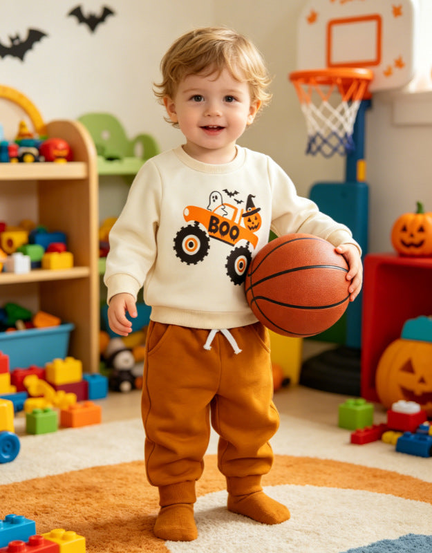 Wholesale 6M-4Y Boys 2Pcs Halloween Truck Print Sweatshirt Outfit Set, Kids Soft Cotton Knit Long Sleeve Top & Jogger Pants Set