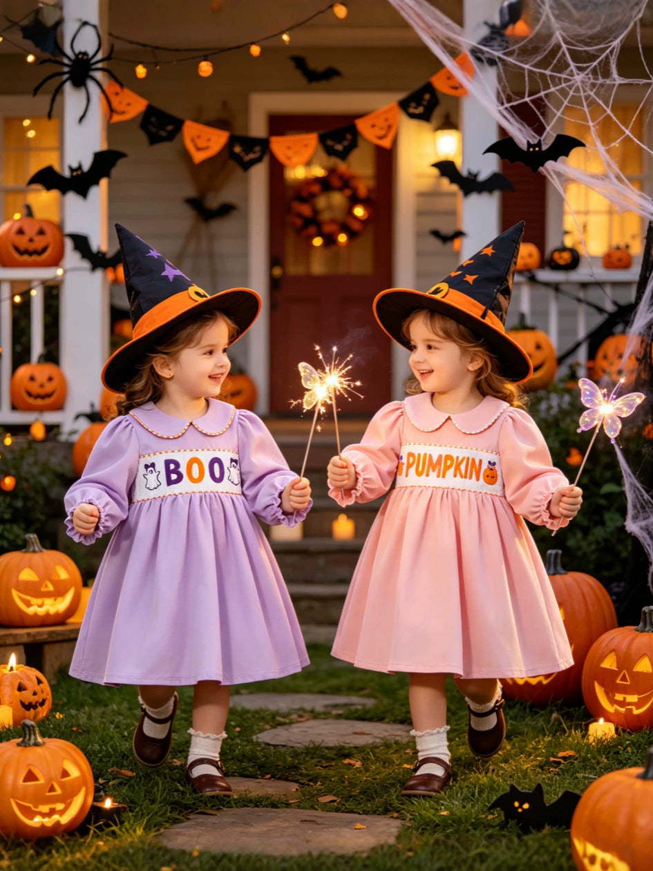 Wholesale 18M-6Y Girls Peter Pan Collar Halloween Smocked Embroidery Woven Dress, Kids Soft Long Sleeve Halloween Casual Dress