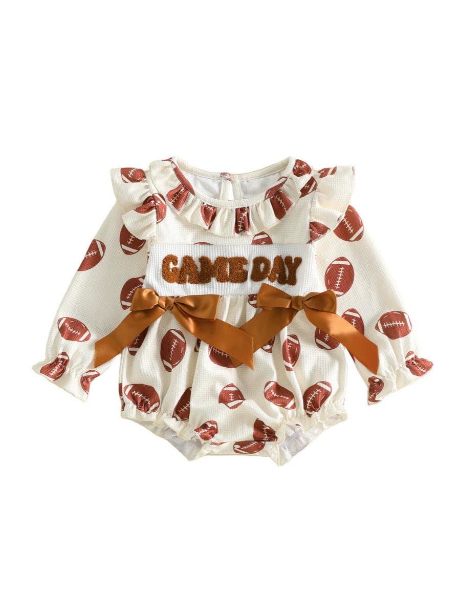 Wholesale 0-18M Baby Girls Ruffle Football Print Waffle Knit Bodysuit, Soft Game Day Long Sleeve Halloween Romper