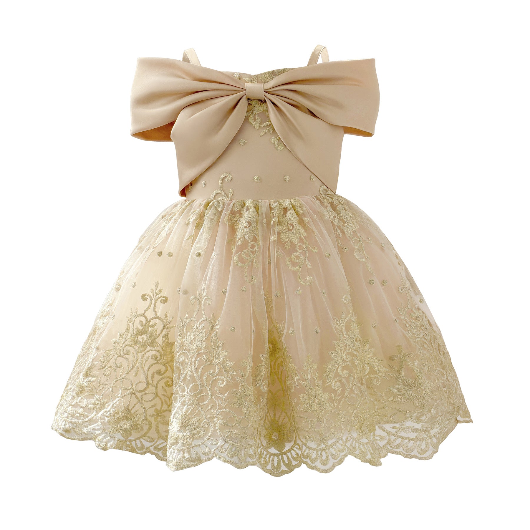 Wholesale 2-10Y Girls Spaghetti Strap Big Bow Embroidery Lace Tulle Princess Dress, Kids Birthday Party Soft Mesh Formal Gown