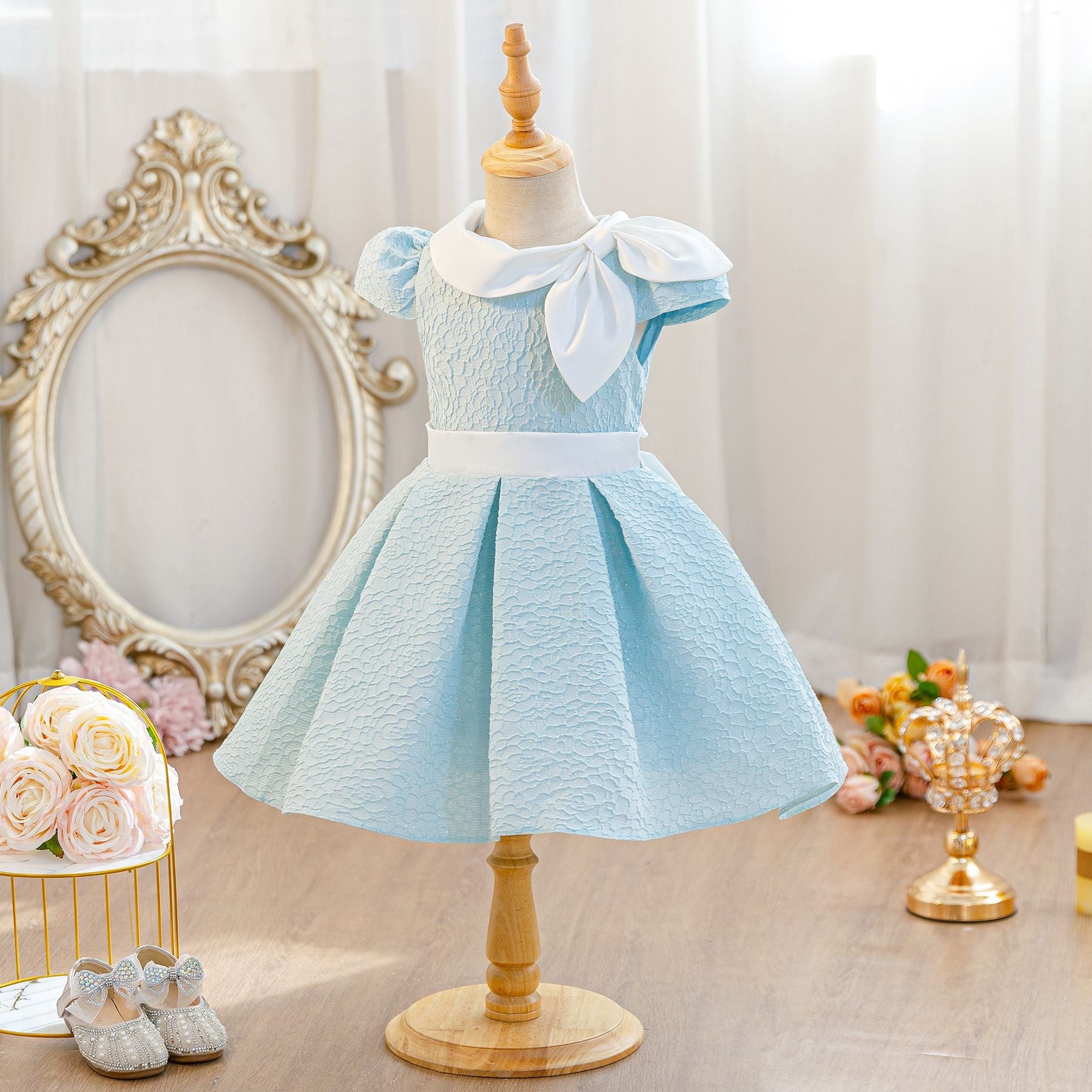 Wholesale 2-10Y Girls Puff Sleeve Peter Pan Bow Embossed Woven Princess Dress, Kids Birthday Party Soft Textured Formal Gown
