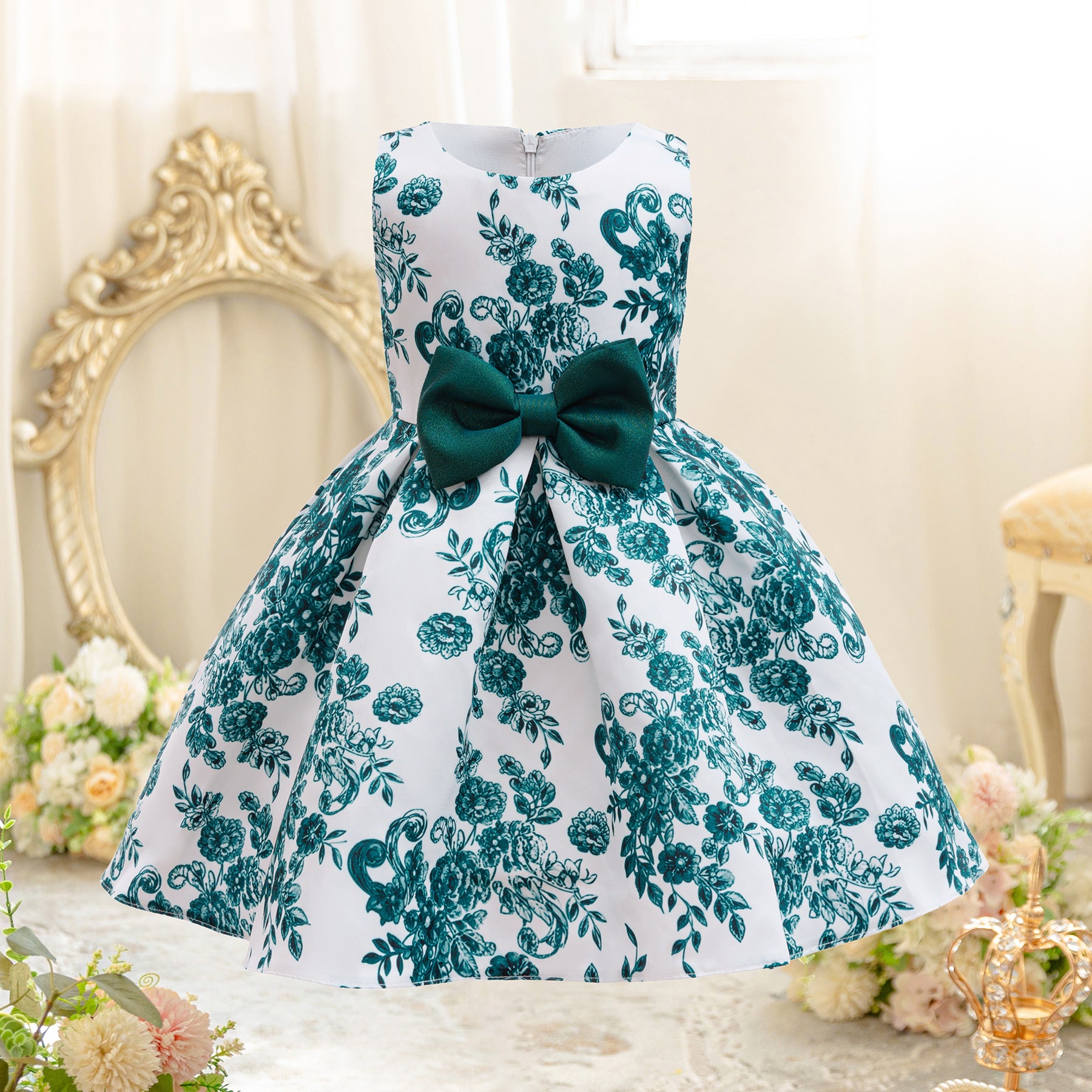 Wholesale 2-10Y Girls Sleeveless Green Floral Print Woven Princess Dress, Kids Birthday Party Satin Bow Soft Fabric Formal Gown