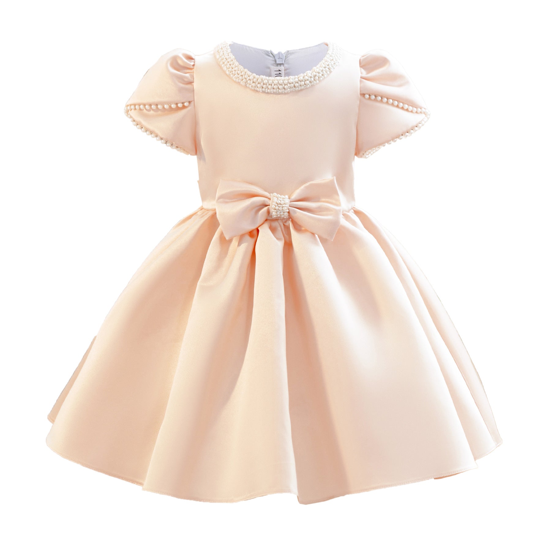 Wholesale 2-10Y Girls Pearl Puff Bow Satin Princess Dress, Kids Birthday Party Soft Satin Formal Gown