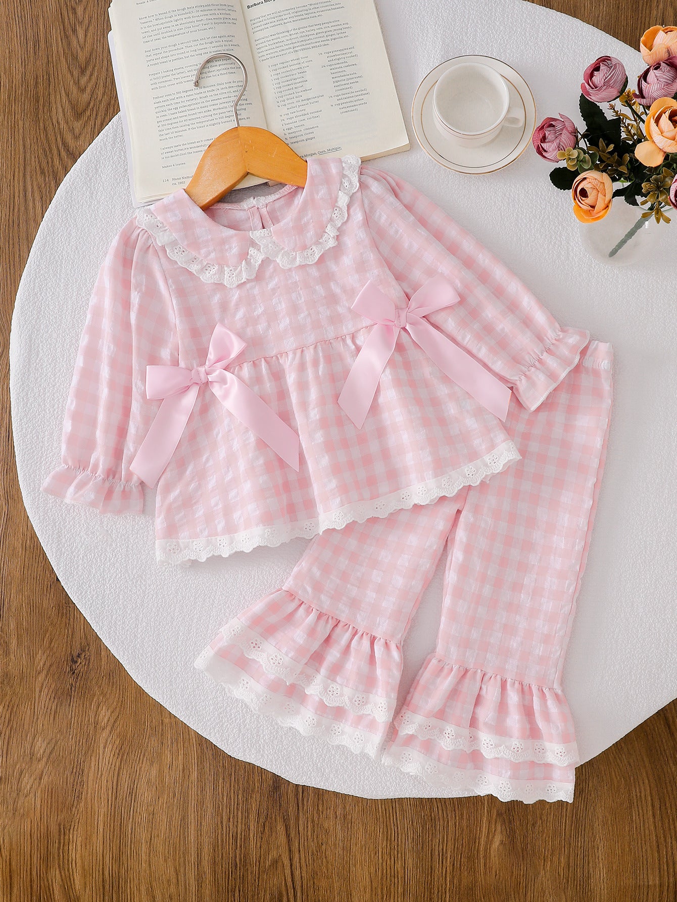 Wholesale 6M-4T Girls 2Pcs Gingham Lace Bow Long Sleeve Pajama Set, Kids Soft Woven Plaid Sweet Loungewear Outfit