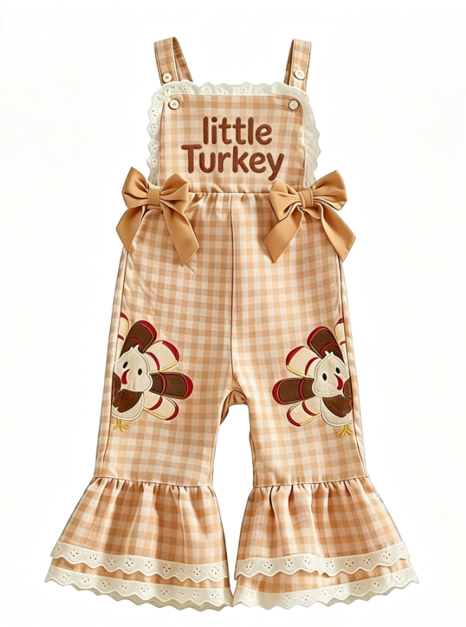 Wholesale 12M-5Y Girls Gingham Turkey Embroidery Overalls, Soft Woven Thanksgiving Bow Flare Leg Suspender Pants