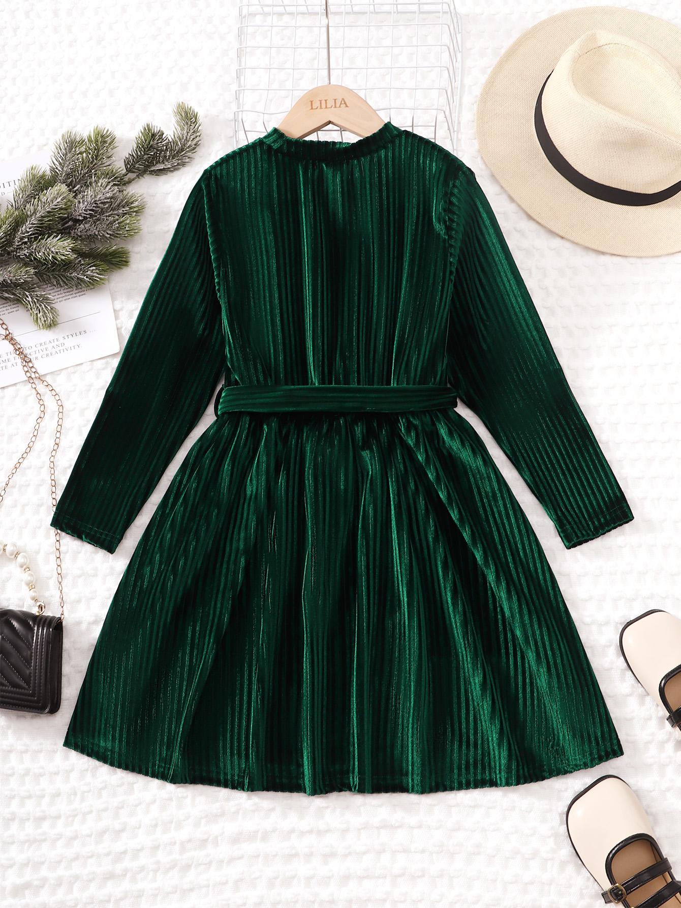 8-14Y Ready Stock Big Girls Dress Elegant Velvet Long Sleeve Dress With A Belt Girl'S Casual Dress Green Catpapa 462307015